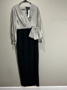 Sachin Babi Diana Gown Embellished silver sparkle long sleeve slit bow size 8